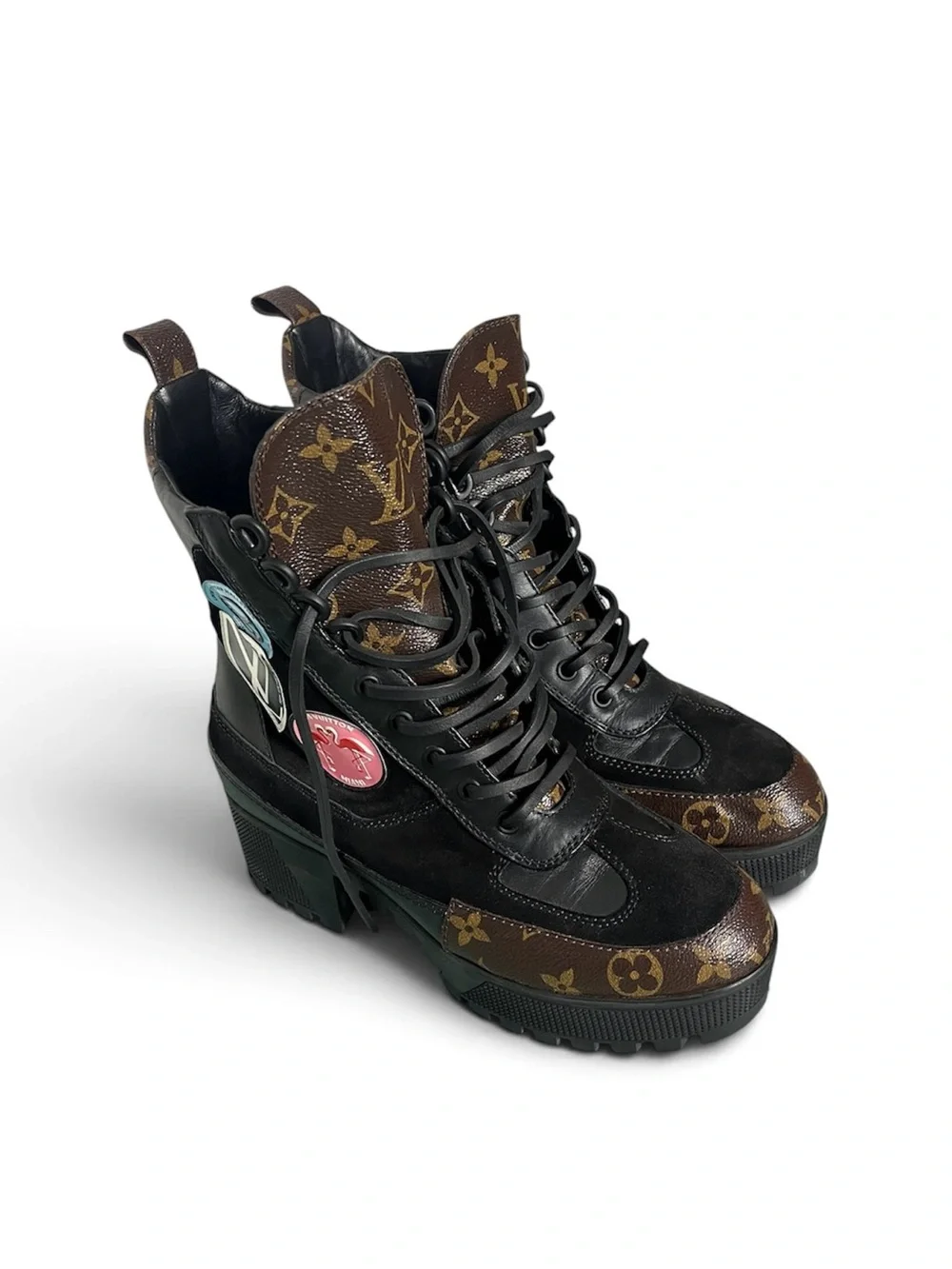 Louis Vuitton Black Leather & Brown Monogram Lace-Up Combat Boots